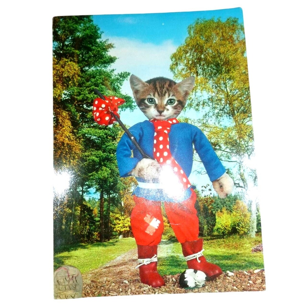 Vintage Alfred Mainzer Cat Postcard Hobo Traveler Bindle ALMA‎ Voice Card 1973